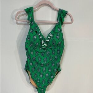 J. Crew Green One Piece Swimsuit with Ruffles
